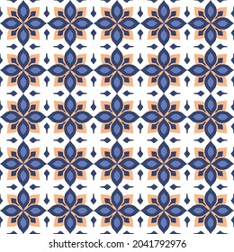 Vector. Seamless mediterranean geometric pattern in patchwork style. Talavera template. Portuguese Azulejo. Turkish decoration. Moroccan mosaic. Spanish porcelain. Ceramic dishes, folk ornament. Blue.