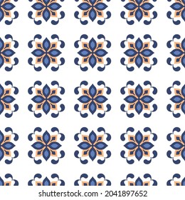 Vector. Seamless mediterranean geometric pattern in patchwork style. Talavera template. Portuguese Azulejo. Turkish decoration. Moroccan mosaic. Spanish porcelain. Ceramic dishes, folk ornament. Blue.