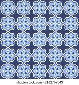 Vector. Seamless mediterranean geometric pattern in patchwork style. Talavera template. Portuguese Azulejo. Turkish decoration. Moroccan mosaic. Spanish porcelain. Ceramic dishes, folk ornament. Blue.