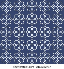 Vector. Seamless mediterranean geometric pattern in patchwork style. Talavera template. Portuguese Azulejo. Turkish decoration. Moroccan mosaic. Spanish porcelain. Ceramic dishes, folk ornament. Blue.