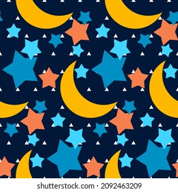 Vector seamless Memphis pattern with stars and moonlight. Night sky