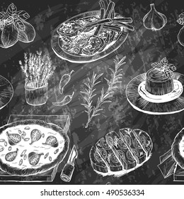 Vector Seamless Menu pattern with Italian meal, herbs and spices. Blackboard chalk. 