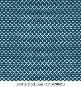 Vector seamless mermaid pattern with silver holographic glitter sparkle scales. Metallic geometric abstract texture on blue background 
