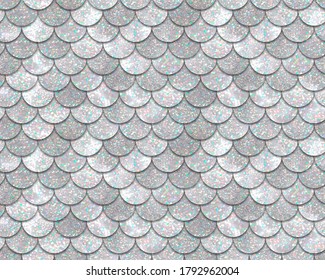 Patrón de sirena sin fisuras vectorial con escalas de brillo holográfico plateado. Textura abstracta geométrica metálica sobre fondo blanco 