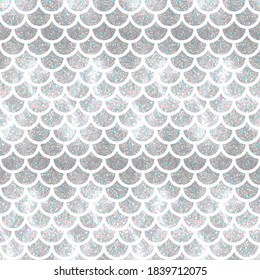 Vector seamless mermaid pattern with silver holographic glitter sparkle scales. Metallic geometric abstract texture on white background 