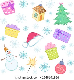 Vector seamless merry, bright, festive New Year pattern with Christmas tree, Christmas decorations ball, house, gift boxes, snowman, Santa Claus hat, sparkler, snowflakes on a white background