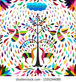 Vector Seamless Mexican Otomi Style Bright Pattern.  Bright animals under bright tree and rain.