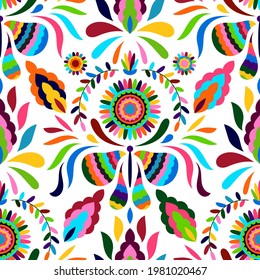 Vector Seamless Mexican Otomi Style Bright Pattern with Butterflies and flowers