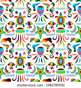 Vector Seamless Mexican Otomi Style Underwater Pattern. Tortoise, fish, seahorse, jelly, octopus bright background