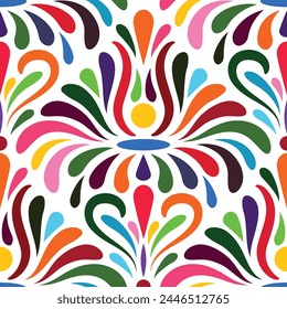 Vector Seamless Mexican Otomi Style Bright Pattern with flowers