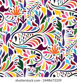 Vector Seamless Mexican Otomi Style Bright Pattern with Fish and Flowers