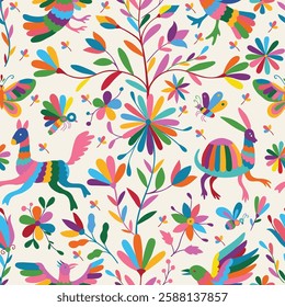 Vector Seamless Mexican Otomi Style Bright Pattern. Seamless pattern with birds and flowers on white background