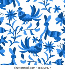 Vector Seamless Mexican Otomi Style Blue Pattern