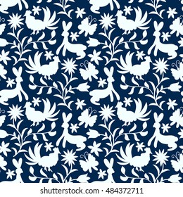 Vector Seamless Mexican Otomi Style Blue Pattern