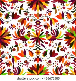 Vector Seamless Mexican Otomi Style Autumn Pattern