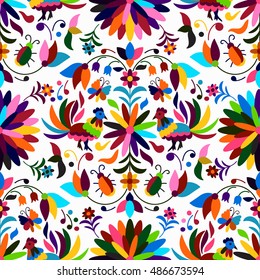 Vector Seamless Mexican Otomi Style Bright Pattern