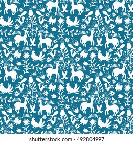 Vector Seamless Mexican Otomi Style Blue Pattern