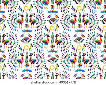 Vector Seamless Mexican Otomi Style Bright  Pattern with Peacocks