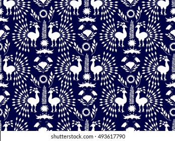 Vector Seamless Mexican Otomi Style Blue  Pattern with Peacocks