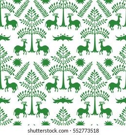 Vector Seamless Mexican Otomi Style Green Forest Pattern