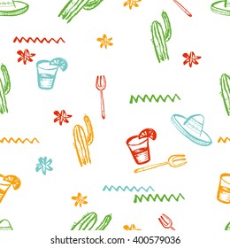 Vector seamless mexican pattern. Mexican tequila, cactus, sombrero. Can be used for restaurant, cafe. Mexican food menu. 