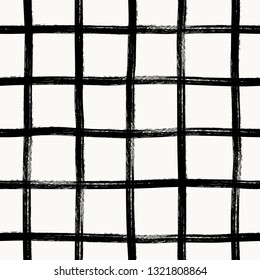 Vector seamless mid century plaid pattern with thin black crossing lines and stripes hand drawn in 1990s Memphis fashion style. Tiles pattern with check and squares. Vector simple white background