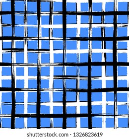 Vector seamless mid century plaid pattern with thin black crossing lines and stripes hand drawn in 1990s Memphis fashion style. Tiles pattern with check and squares. Vector simple blue background