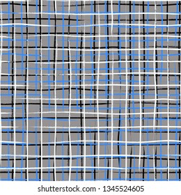 Vector seamless mid century plaid pattern with thin black crossing lines and stripes hand drawn in 1990s Memphis fashion style. Tiles pattern with check and squares. Vector simple grunge background