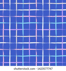 Vector seamless mid century plaid pattern with thin colorful crossing lines and stripes hand drawn in 1990s Memphis fashion style. Tiles pattern with check and squares. Vector simple blue background