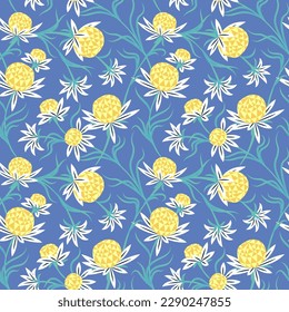 Vector seamless midcentury design with daisy flowers on blue background. Fashion floral print with geometric shapes, seamless pattern