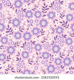 Vector seamless millefleur pattern. Small various stylized purple-pink flowers on a pink background