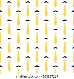 Vector seamless minimal pattern with mustaches and yellow neckties. Male hipster background. Fashion pattern for print, wrapping paper, card design