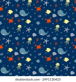 Vector seamless minimalist cartoon pattern, summer concept, sea or ocean with whale, yellow zebrasoma fish, star, crab, jelly fish, corals and bubbles.

