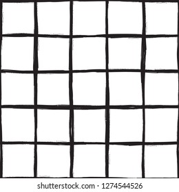 Vector seamless minimalist plaid pattern with thin black crossing lines and stripes hand drawn in 1990s Memphis fashion style. Tiles pattern with check and squares. Vector simple white background