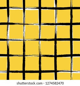Vector seamless minimalist plaid pattern with thin black crossing lines and stripes hand drawn in 1990s Memphis fashion style. Tiles pattern with check and squares. Vector simple yellow background