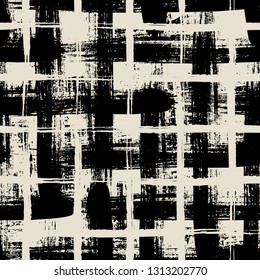 Vector Seamless Minimalist Plaid Pattern With Bold Black Crossing Lines And Stripes Hand Drawn In 1990s Grunge Fashion Style. Tiles Pattern With Check And Squares. Vector Simple Black White Background