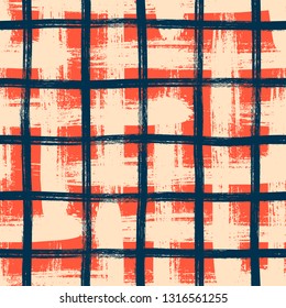 Vector Seamless Minimalist Plaid Pattern With Bold Crossing Lines And Stripes Hand Drawn In 1990s Grunge Fashion Style. Tiles Pattern With Check And Squares. Vector Simple Background In Coral Red