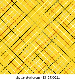 Vector seamless minimalist plaid pattern with thin colorful crossing lines and stripes hand drawn in 1990s Memphis fashion style. Tiles pattern with check and squares. Vector simple yellow background