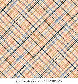 Vector seamless minimalist plaid pattern with thin colorful crossing lines and stripes hand drawn in 1990s Memphis fashion style. Tiles pattern with check and squares. Vector simple orange background