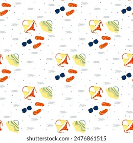 Vector seamless minimalist summer beach pattern with sun glasses, bikini or swimsuit, flip flops and bag in shell shape.