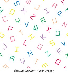 Vector seamless minimalistic alphabet pattern with colorful latin letters. Repeatable white simple background. Fun vibrant print