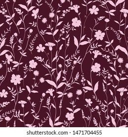 vector seamless minimalistic floral silhouettes pattern. Romantic delicate background design with wild flowers. 