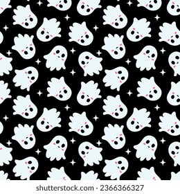 Vector seamless minimalistic Halloween template on black background. Festive fall template with white kawaii ghosts and stars for printing on textiles or objects