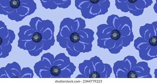 Vector seamless minimalistic pattern with blue poppies. For printing and design on fabric, paper, wallpaper, etc.