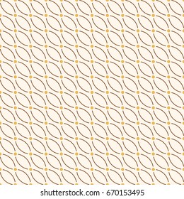 Vector seamless minimalistic pattern of curved lines with dots in nodes. Modern stylish texture. Contemporary graphic design. Yellow and brown colors. Geometric abstract color background.