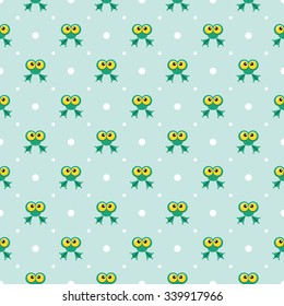 Vector seamless mint pattern with little cute green frogs and white dots