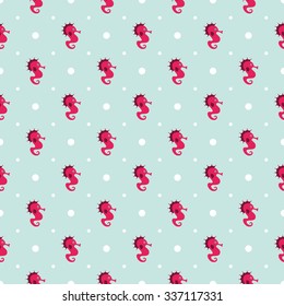 Vector seamless mint pattern with pink cartoon sea horses