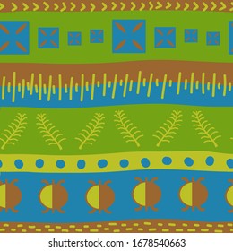 Vector seamless model with Ancient tribal ethnic symbols adinkra. Ritual screen printing of African peoples and tribes . Artistic hand -painted fabric.