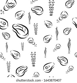 Vector seamless model with herbs and organic meat. Hand-drawn black and white illustration. Image for farm, store, agricultural industry, packaging paper on white background, for store.