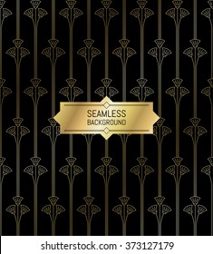 Vector seamless modern Art Deco pattern. Golden floral texture on black background.